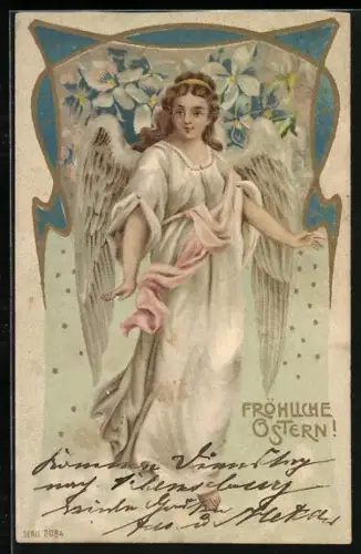 Lithographie Osterengel vor Blumen, Fröhliche Ostern