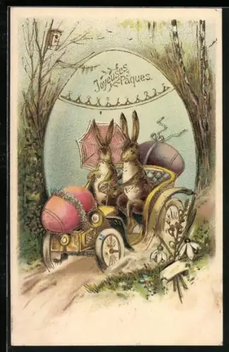 Lithographie Osterhasen-Pärchen mit grossen Eiern im Auto, Joyeuses Paques
