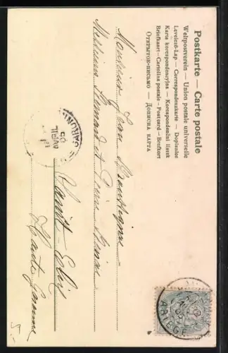 Lithographie Osterhasen-Pärchen mit grossen Eiern im Auto, Joyeuses Paques