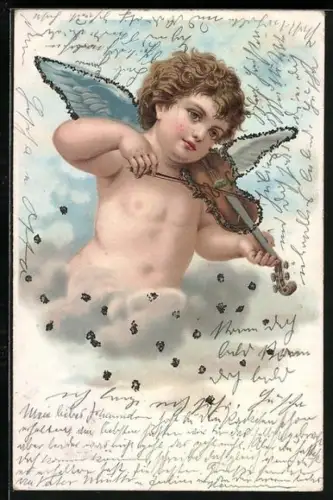 Lithographie Engel im Himmel spielt Geige