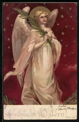 Lithographie Osterengel mit Heiligenschein und Palmenblatt, Fröhliche Ostern