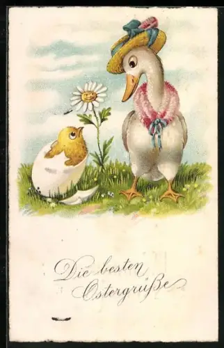 Künstler-AK Gans sieht ein Osterküken an, das gerade aus einem Ei geschlüpft ist, Die besten Ostergrüsse