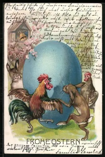 Lithographie Osterhasen tanzen mit Hahn und Huhn um ein Ostereri herum, Frohe Ostern