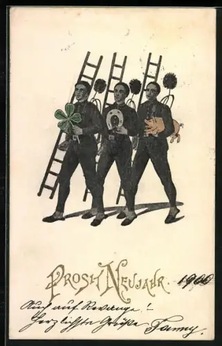 Lithographie Drei Schornsteinfeger mit Klee, Hufeisen und Schwein, Prosit Neujahr
