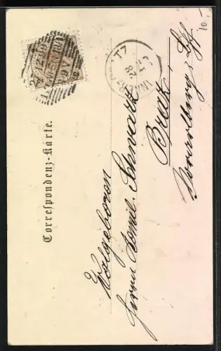 Lithographie Drei Schornsteinfeger mit Klee, Hufeisen und Schwein, Prosit Neujahr