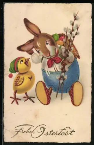 Künstler-AK Osterküken flüster Osterhase etwas zu, Frohes Osterfest