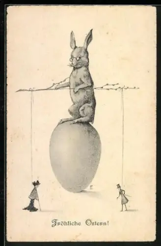 Lithographie Osterhase sitzt auf einem Osterei mit zwei Menschen als Marionetten, Fröhliche Ostern