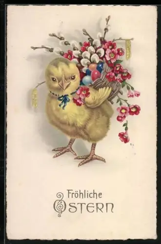 Künstler-AK Osterküken mit einem Korb voller Ostereier und Blumen auf dem Rücken, Fröhliche Ostern