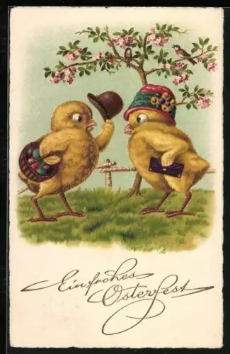 Künstler-AK Zwei Osterküken unterhalten sich unter einem Baum, Ein frohes Osterfest