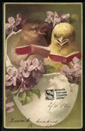 Lithographie Zwei Osterküken mit Gesangsbüchern und Veilchen