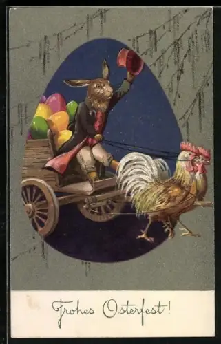 Künstler-AK Osterhase fährt eine von Hähnen gezogene Kutsche mit Ostereiern, Frohes Osterfest