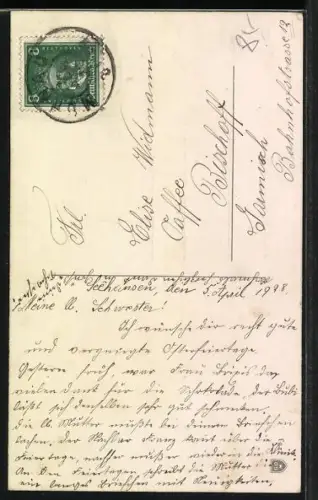 Künstler-AK Osterhase fährt eine von Hähnen gezogene Kutsche mit Ostereiern, Frohes Osterfest