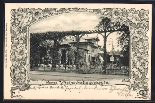 AK Magdeburg, Gasthof Herrenkrug, Neues Wirtschaftsgebäude, Vogel zwischen Blumen, Passepartout
