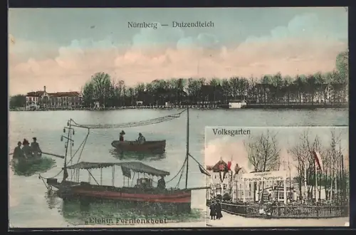 AK Nürnberg, Gasthaus Volksgarten, Elektr. Fernlenkboot auf dem Dutzendteich