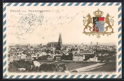 AK Regensburg, Teilansicht mit Kirche, Wappen
