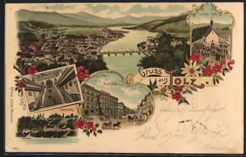 Lithographie Tölz, Leonhardi Kapelle, Marktplatz, Calvarienberg, Pferdekutsche
