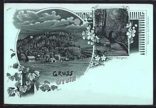 Mondschein-Lithographie Oybin, Berg mit Burg, Burgtor