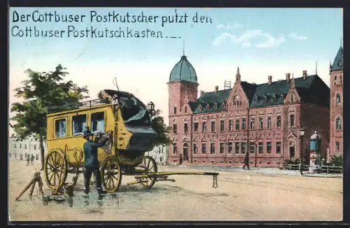 Künstler-AK Cottbus, Der Cottbuser Postkutscher putzt den Cottbuser Postkutschkasten