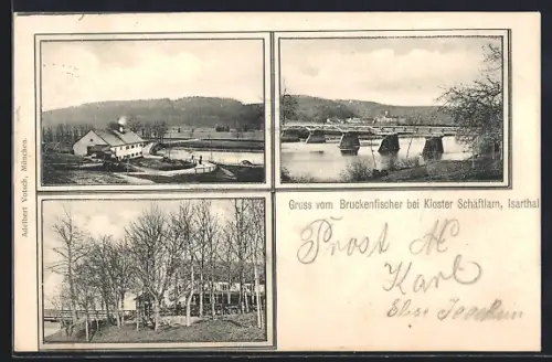 AK Schäftlarn /Isarthal, Gasthaus Bruckenfischer bei Kloster Schäftlarn, Garten, Brücke