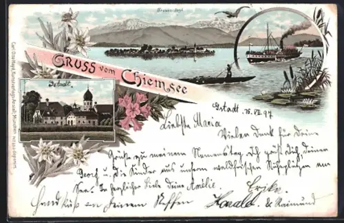 Lithographie Gstadt /Chiemsee, Ortspartie, Frauen-Insel, Dampfer