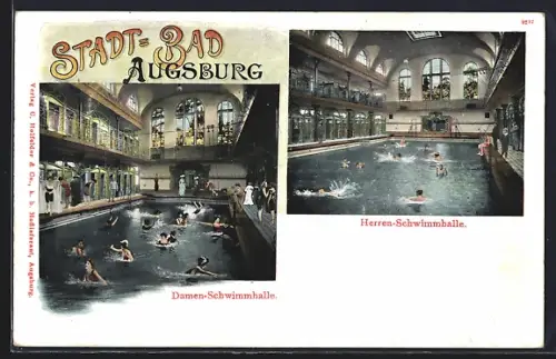 AK Augsburg, Stadt-Bad, Inneres Damen-Schwimmhalle und Herren-Schwimmhalle
