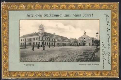 Lithographie Rastatt, Postamt und Rathaus, Neujahrsgruss, Passepartout