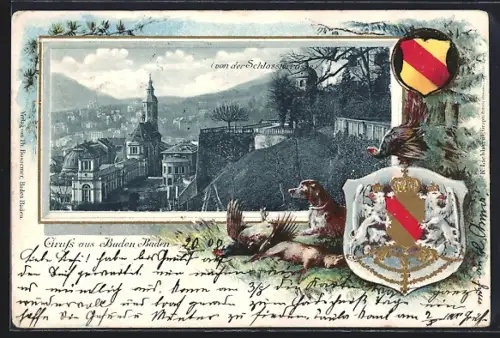 Passepartout-Lithographie Baden-Baden, Teilansicht mit Kirche von der Schlossterrasse aus, Wappen