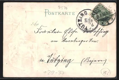 Passepartout-Lithographie Baden-Baden, Teilansicht mit Kirche von der Schlossterrasse aus, Wappen