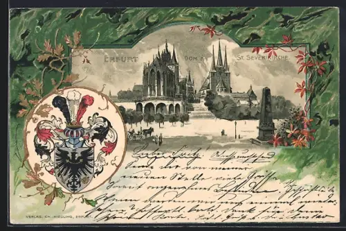 Lithographie Erfurt, Dom, St. Severikirche und Wappen
