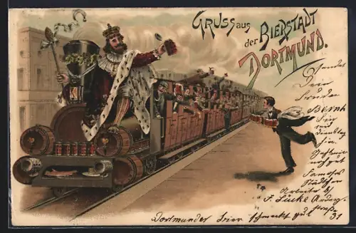 Lithographie Dortmund, Biertrinkende Passagiere im Zug