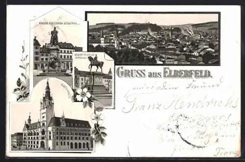 Lithographie Elberfeld, Totalansicht, Kaiser Friedrich Denkmal, Rathaus, Kaiser Wilhelm Denkmal