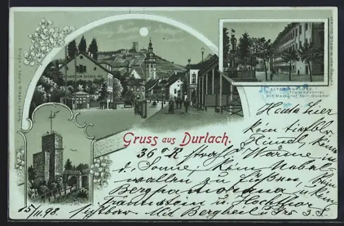 Mondschein-Lithographie Durlach, Gasthaus zum grünen Hof, Altes Schloss Train-Kaserne mit Markgraf Karl-Denkmal, Turm