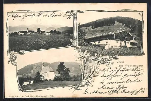 AK Wackersberg, Bauernhaus, Kirche, Ortsansicht