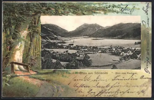 Lithographie Schliersee, Blick vom Rissbauer auf den Ort