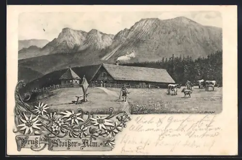 Künstler-AK Anger /Obb., Gasthof Stoisser-Alm auf dem Teisenberg