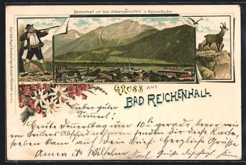 Lithographie Bad Reichenhall, Totalansicht mit Bad Aschelmannstein und Hohenstaufen, Jäger
