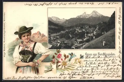 Lithographie Berchtesgaden, Teilansicht mit Bergen, Frau in Tracht, Passepartout