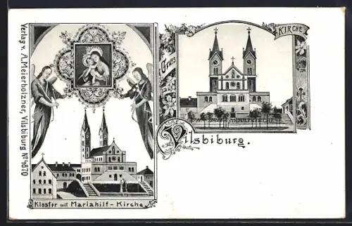 Künstler-AK Vilsbiburg, Kirche, Kloster mit Mariahilf-Kirche, Gnadenbild