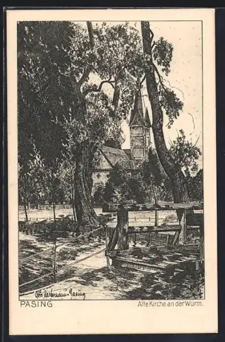 Künstler-AK München-Pasing, Alte Kirche an der Würm