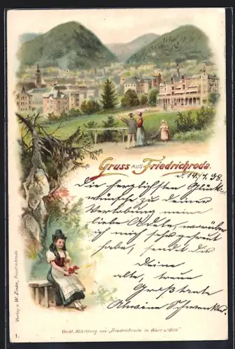 Lithographie Friedrichroda, Blick auf den Ort und Frau in Tracht