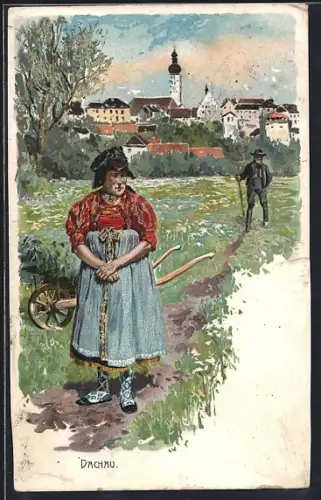 Künstler-AK Fritz Bergen: Dachau, Ortsansicht, Frau auf dem Feld