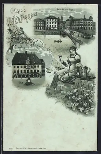 Mondschein-Lithographie Heilbronn, Brücke mit Post, Rathaus, Frau mit Weinglas