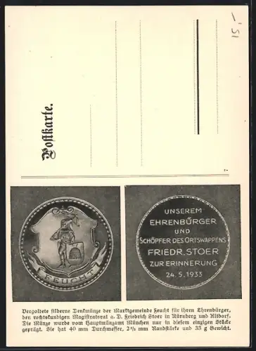 AK Feucht, Medaille Unserem Ehrenbürger und Schöpfer des Ortswappens Friedr. Stoer zur Erinnerung 1933