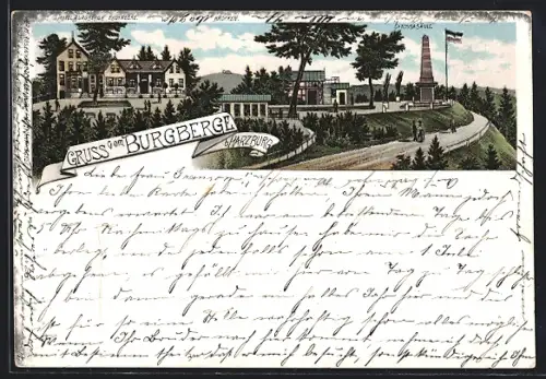 Lithographie Burgberg b. Harzburg, Hotel Burgberge, Canossasäule, im Hintergrund Brocken