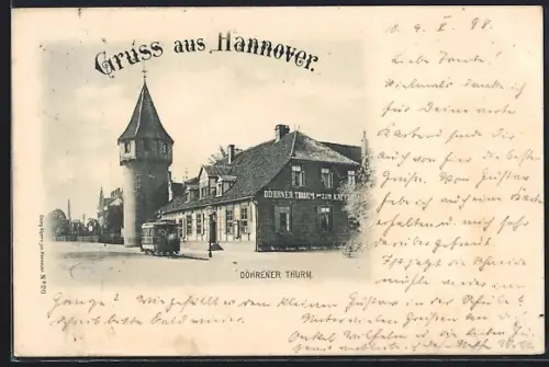 AK Hannover, Strassenbahn am Restaurant zum Döhrener Turm