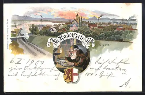 Künstler-Lithographie Radolfzell, Ortsansicht einst & jetzt, Geistlicher mit Buch