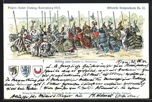 Künstler-AK Ravensburg, Project. histor. Festzug 1902, Aufzug zum Turnier