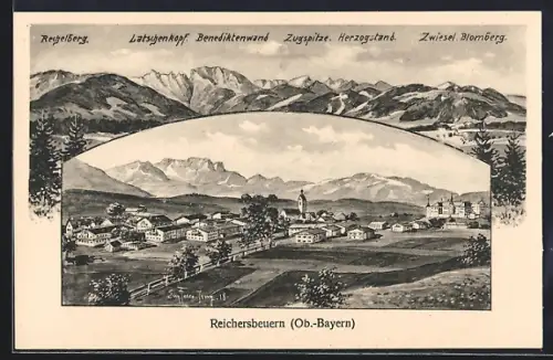 Künstler-AK Reichersbeuern /Ob.-Bayern, Ortsansicht aus der Vogelschau, Bergpanorama