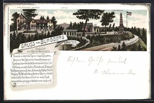 Lithographie Burgberg b. Harzburg, Hotel Burgberge, Canossasäule, Blick zum Brocken