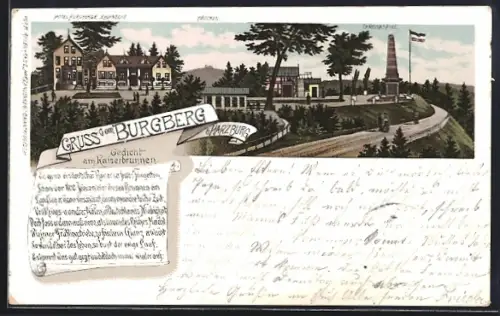 Lithographie Bad Harzburg, Hotel Burgberg mit Brocken und Canossasäule